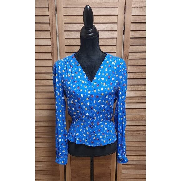 Philosophy ba&sh Lali Blue Floral Viscose V-Neck Long Sleeve Blouse Size Medium - Picture 3 of 8